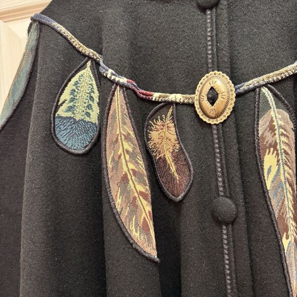 Coloratura Southwest Hooded Black Wool Cloak Cape Coat w/ Feathers and Conchos - Picture 9 of 14
